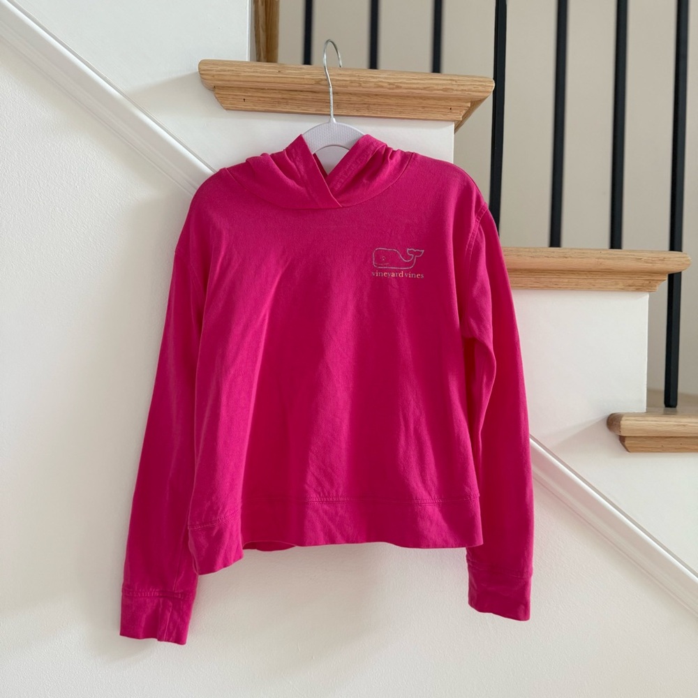 Vineyard Vines Girls Cropped Long Sleeve Pink Hooded Tee Shirt, Size Small (7-8)